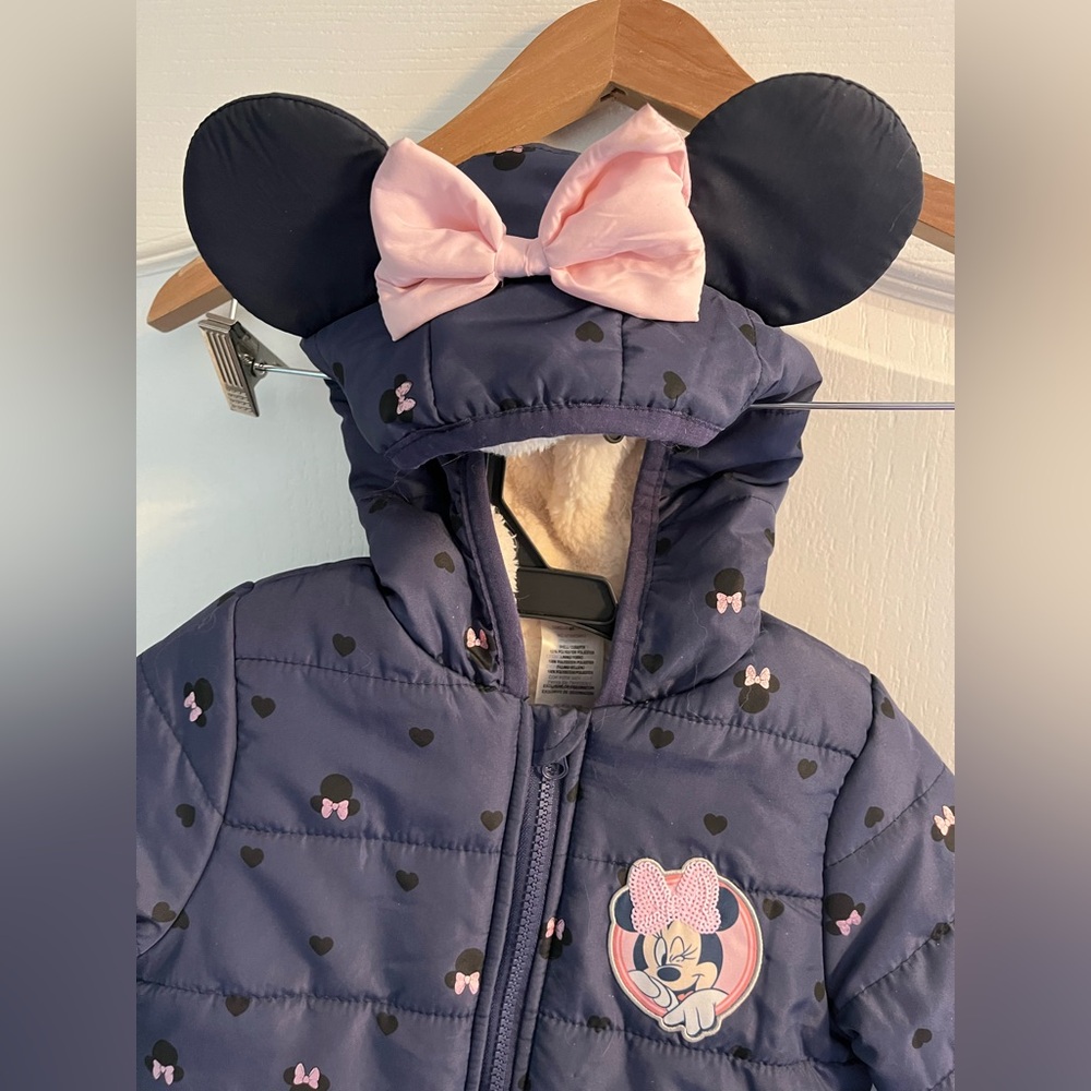 Disney Junior Navy Puffer Jacket with Pink Bow & Minnie Ears Hood